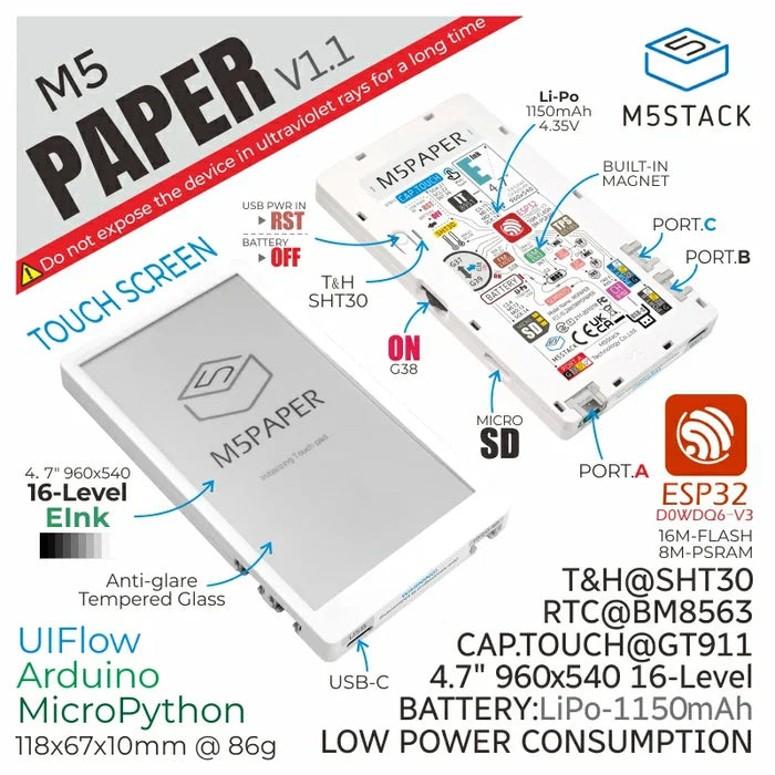 M5Paper ESP32 Development Kit V1.1 (960X540, 4.7" eInk display, 235 ppi) - m5stack-store