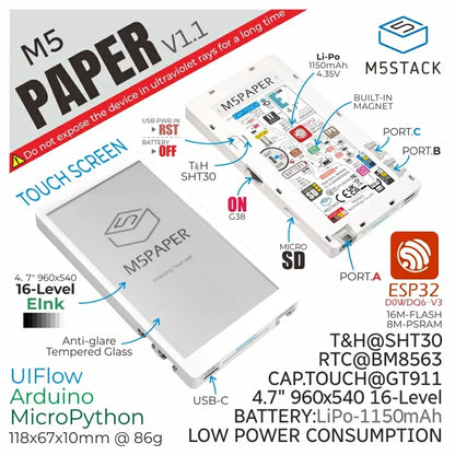 M5Paper ESP32 Development Kit V1.1 (960X540, 4.7" eInk display, 235 ppi) - m5stack-store