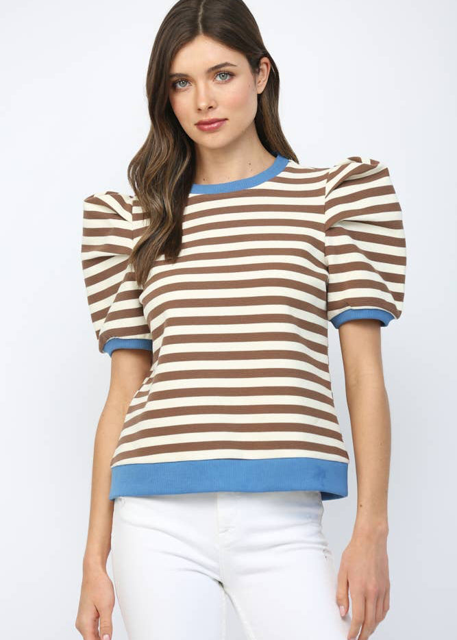 Cream brown blue stripe short sleeve sweater top Made to Standout Stripe Puff Sleeve Top fate