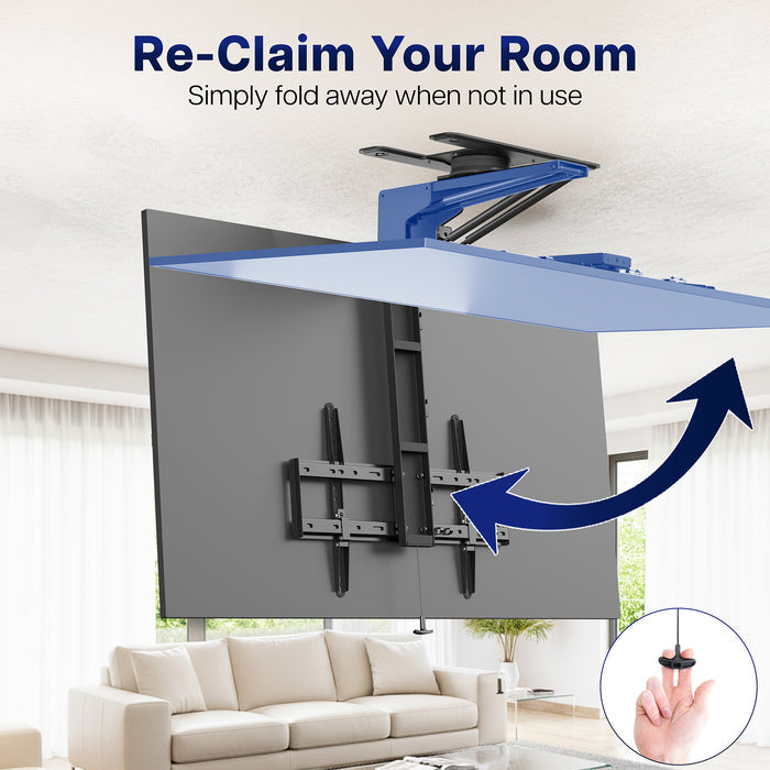 Manual Flip Down TV Ceiling Mount with  screen in a living room setting, showing ease of use.
