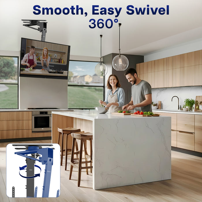 Modern kitchen with Manual Flip Down TV Ceiling Mount featuring a smooth, easy swivel 360-degree.