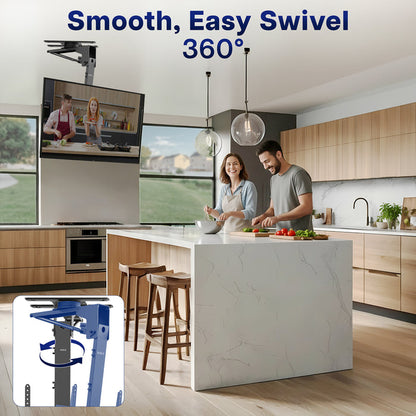 Modern kitchen with Manual Flip Down TV Ceiling Mount featuring a smooth, easy swivel 360-degree.