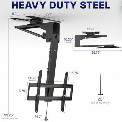 Heavy-duty steel Manual Flip Down TV Ceiling Mount with dimensions on a white background