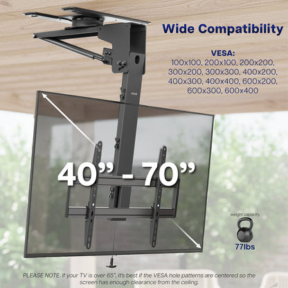 Manual Flip Down TV Ceiling Mount with compatibility details on a wooden surface
