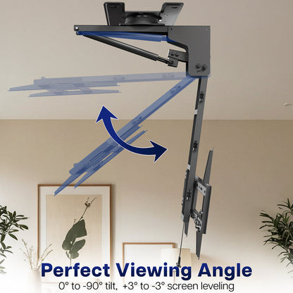 Manual Flip Down TV Ceiling Mount with adjustable arm and screen leveling feature in a room setting.