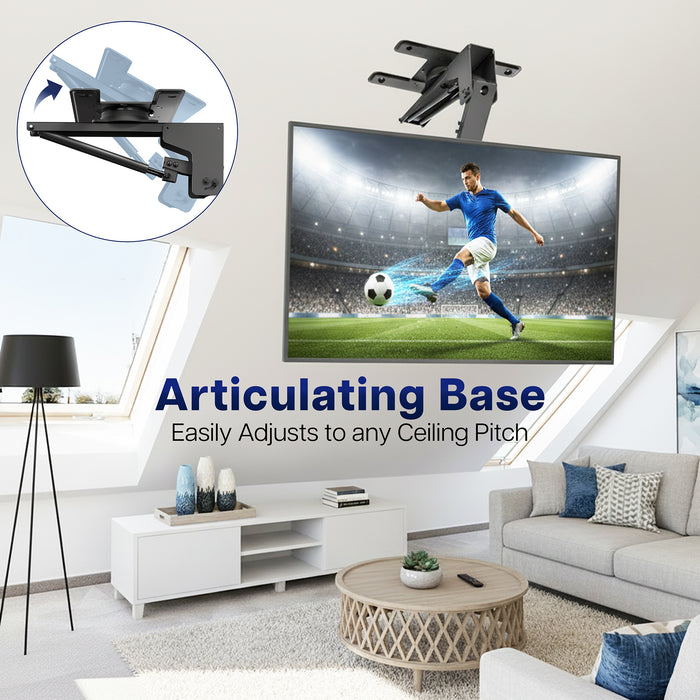 Living room with a Manual Flip Down TV Ceiling Mount  mounted on the wall, featuring an articulating base.