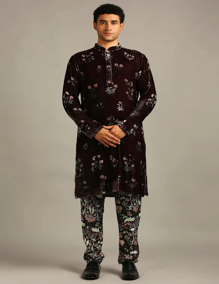 Maroon Floral Velvet Kurta Set