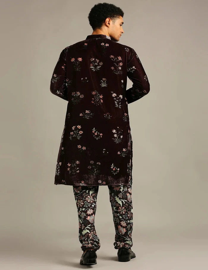 Maroon Floral Velvet Kurta Set