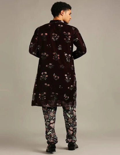 Maroon Floral Velvet Kurta Set