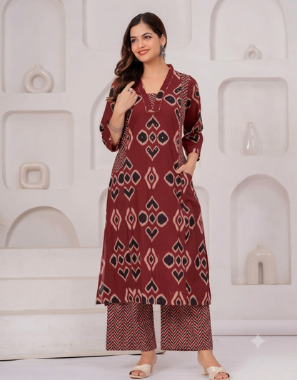 Maroon Muse Cotton Kurta Set Front View