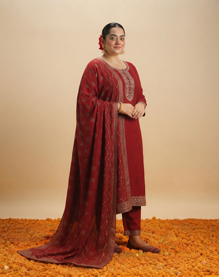A full-body studio portrait of a plus-size South Asian female model standing gracefully against a light beige background. The floor is thickly covered with a bed of scattered orange marigold flowers. The model is wearing a deep maroon silk blend three-piece suit set. The long, straight kurta features intricate gold and maroon floral thread embroidery around the scoop neckline and a scattered pattern across the fabric. She wears matching maroon straight-cut pants with visible side pockets. A long, flowing ma