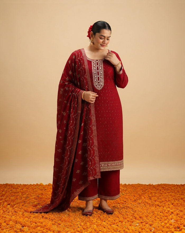 A full-body studio portrait of a plus-size South Asian female model standing gracefully against a light beige background. The floor is thickly covered with a bed of scattered orange marigold flowers. The model is wearing a deep maroon silk blend three-piece suit set. The long, straight kurta features intricate gold and maroon floral thread embroidery around the scoop neckline and a scattered pattern across the fabric. She wears matching maroon straight-cut pants with visible side pockets. A long, flowing ma