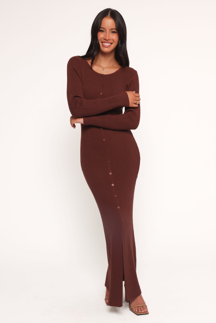Petal and Pup USA DRESSES Marshall Button Through Knit Maxi Dress - Chocolate