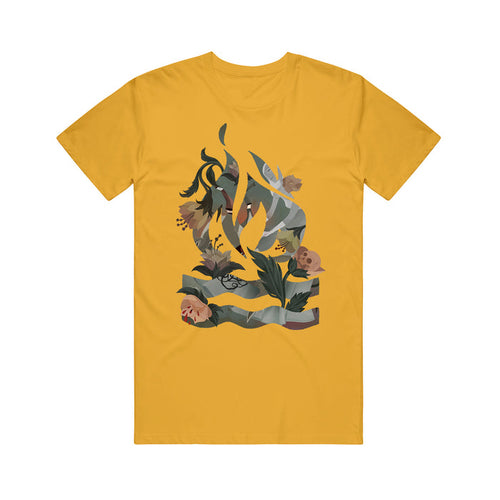 Yellow short sleeve shirt with a cool abstract artwork that shows greens and other colors on it.