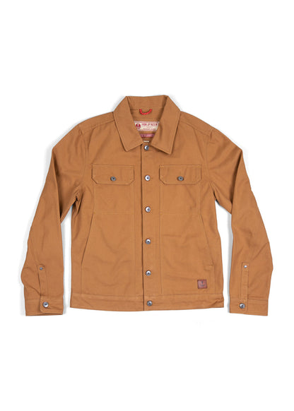 Brown canvas jacket with button closure, two chest pockets, and a collar, displayed flat against a white background.