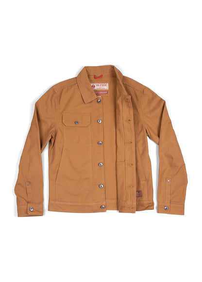 Brown canvas jacket with button closure and chest pocket, laid flat. Iron and Resin label visible inside the collar.