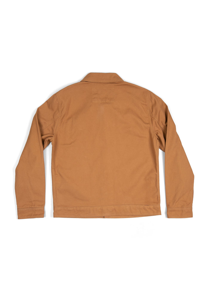 Brown jacket back view, long sleeves, flat on white background, highlighting simple design and casual style.