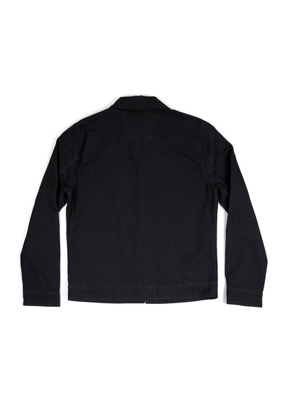 Black jacket shown from the back, featuring long sleeves and a simple collar, displayed on a white background.