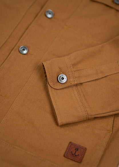 Brown jacket with silver buttons, detailed stitching, and an anchor logo patch on the sleeve. Casual and stylish design.