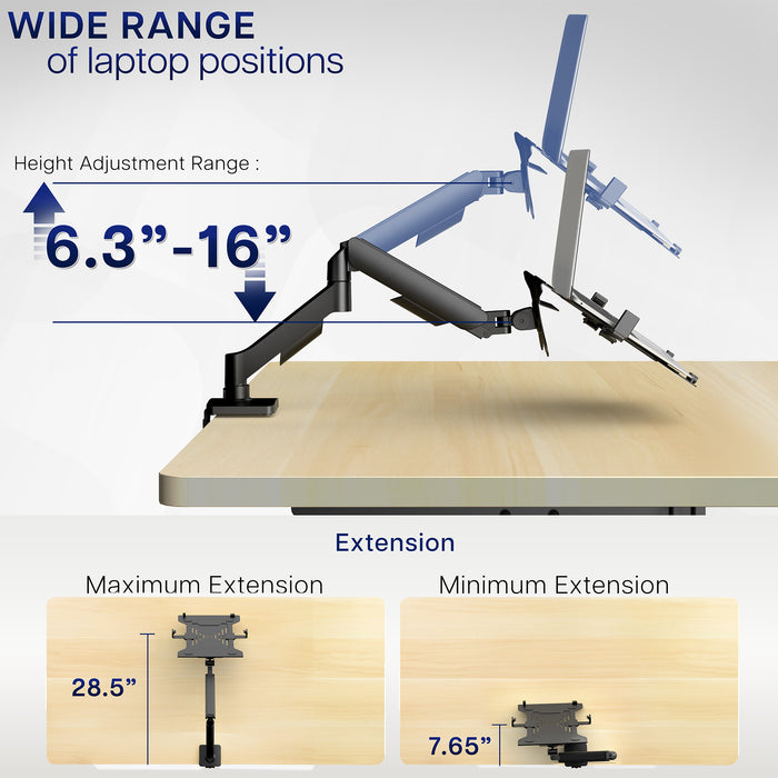Laptop on a adjustable desk mount on a wooden desk with a modern office background