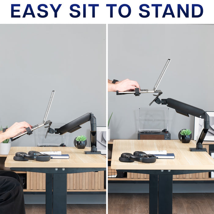 Mechanical Arm Single Laptop Desk Mount being used on a desk with text 'EASY SIT TO STAND'.