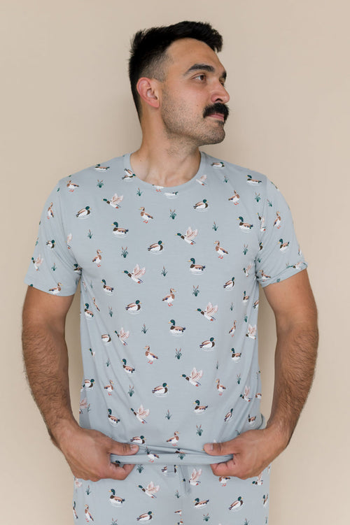 Male modeling the Men's Crew Neck Tee in Mallard Duck wearing matching lounge pants