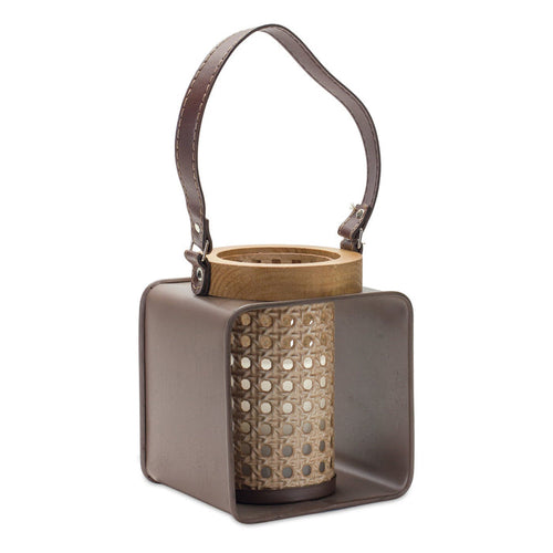 Metal Candle Holder with Wood and Leather Accents [Online Only]
