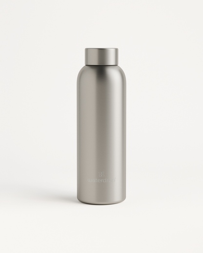 Silver Metal Thermo Steel bottle with a cap, featuring a brushed metal look and double-walled design for keeping drinks hot or cold. 600ml capacity.