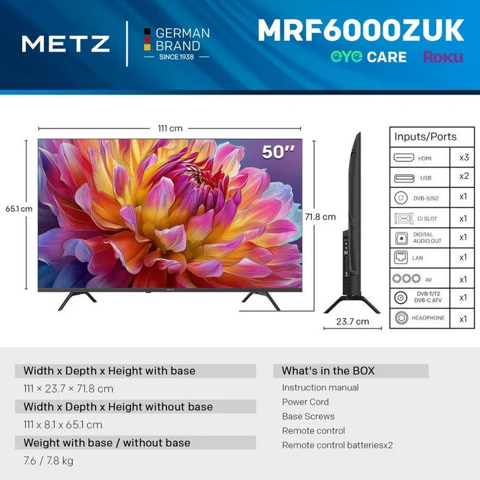 Metz 50MRF6000ZUK 50 Inch MRF6000Z 4K Ultra HD HDR DLED Smart TV with Freely 2025 50 Inch