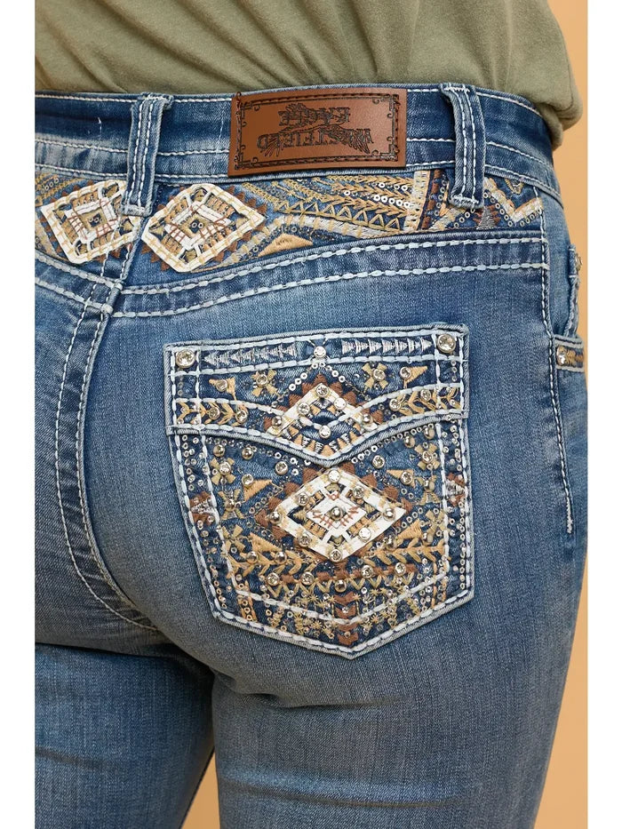 Mid Wash Aztec Embroidery Boot Cut Western Jeans