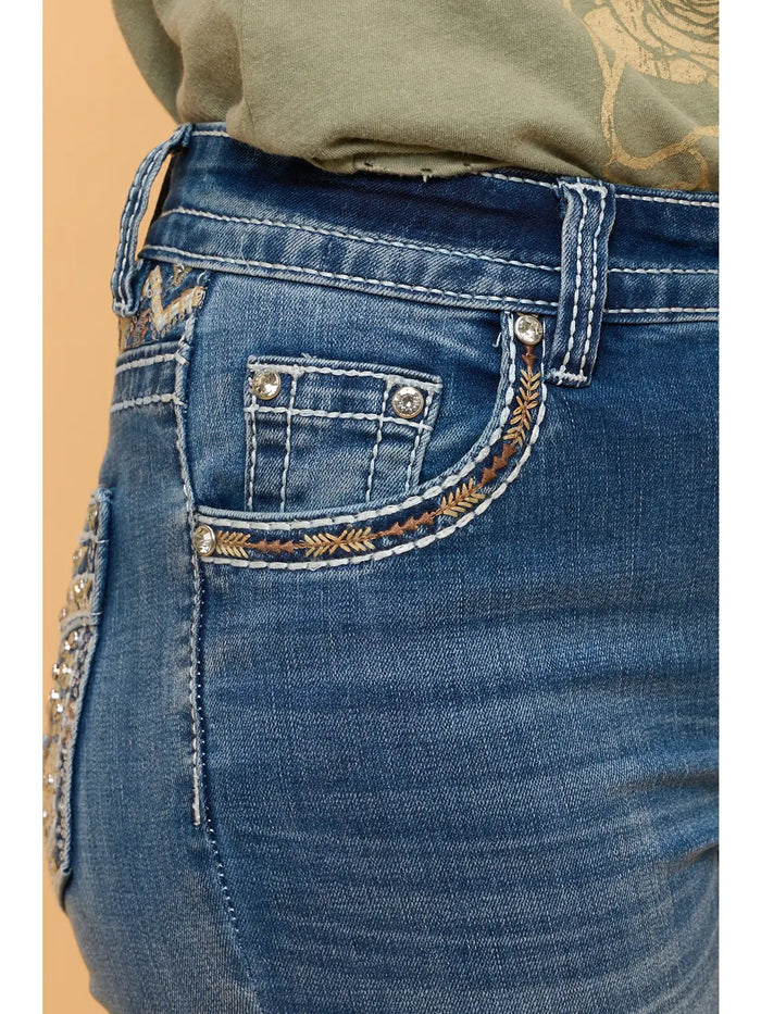 Mid Wash Aztec Embroidery Boot Cut Western Jeans