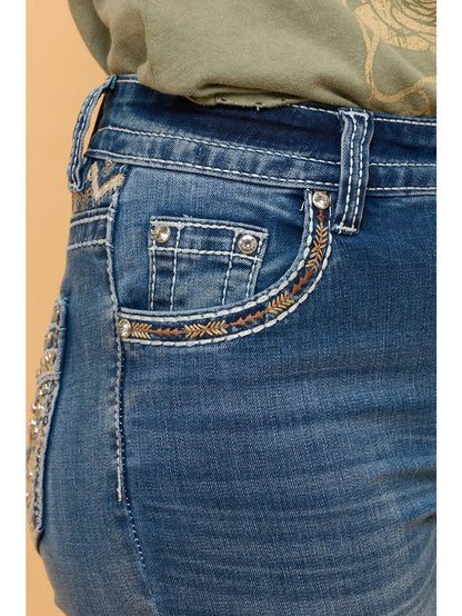 Mid Wash Aztec Embroidery Boot Cut Western Jeans