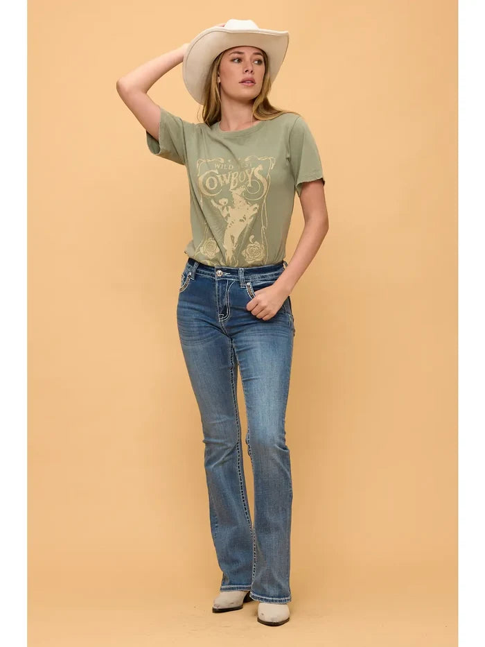 Mid Wash Aztec Embroidery Boot Cut Western Jeans