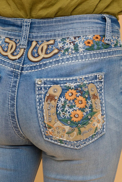 Mid Wash Horseshoe Embroidery Boot Cut Western Jeans