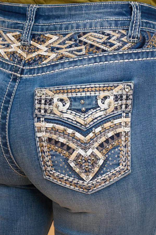 Mid Wash Patterned Embroidery Boot Cut Western Jeans