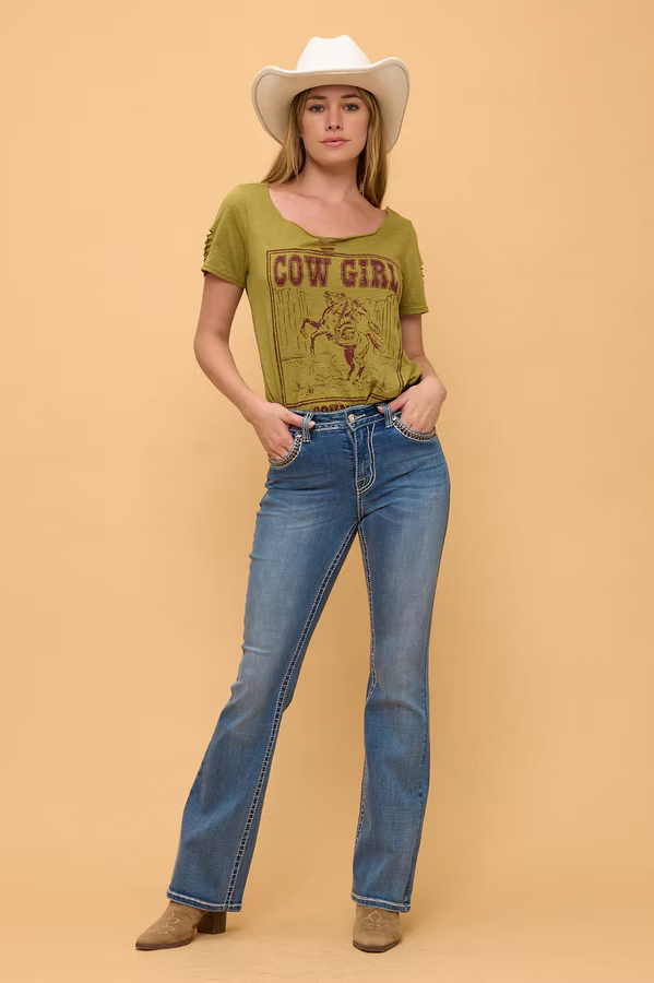 Mid Wash Patterned Embroidery Boot Cut Western Jeans