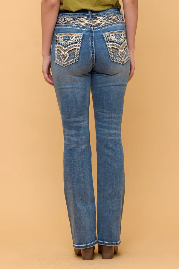 Mid Wash Patterned Embroidery Boot Cut Western Jeans