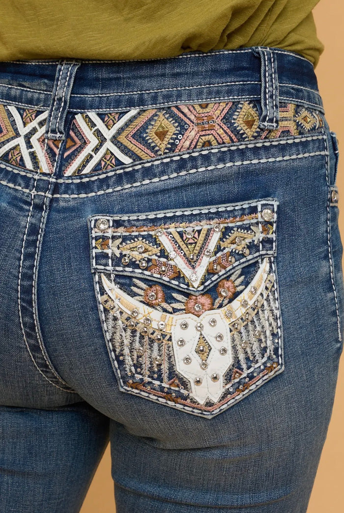 Mid Wash Rodeo Embroidery Boot Cut Western Jeans