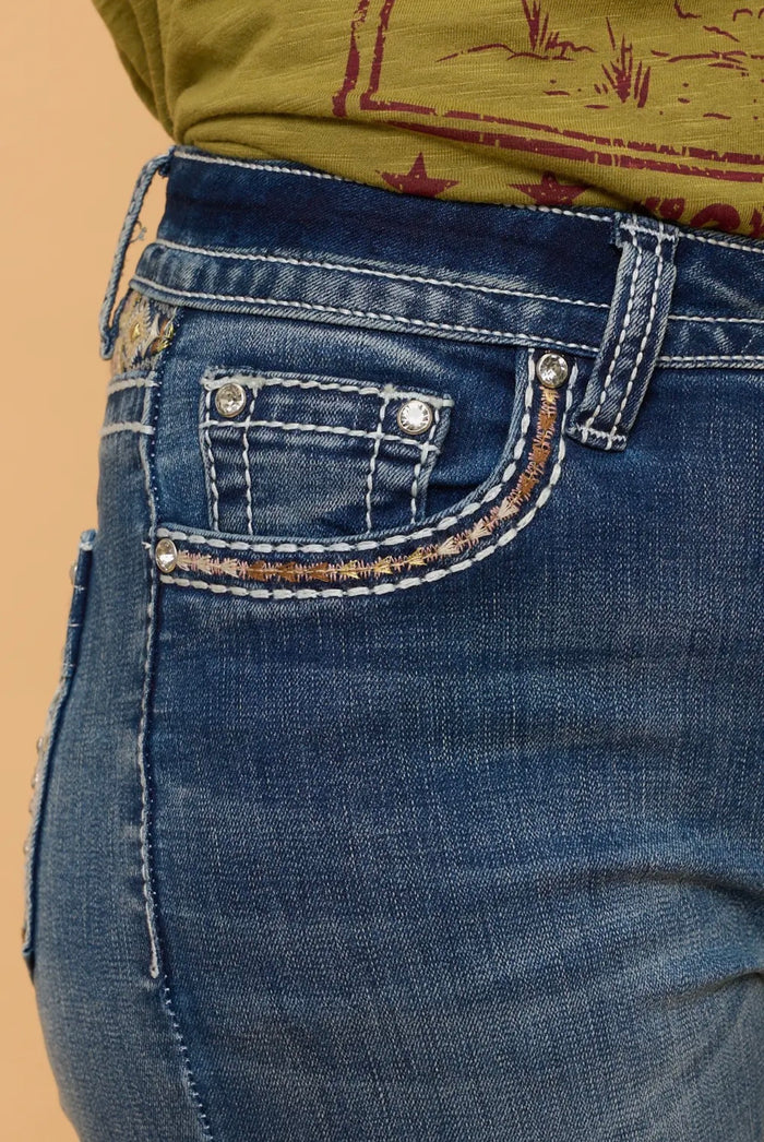 Mid Wash Rodeo Embroidery Boot Cut Western Jeans