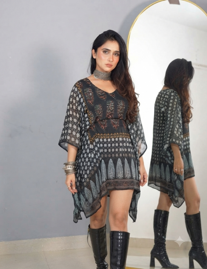 A woman with long, dark hair wearing a patterned black and grey tunic dress, silver necklaces, bracelets, and black knee-high boots, standing in front of a mirror.
