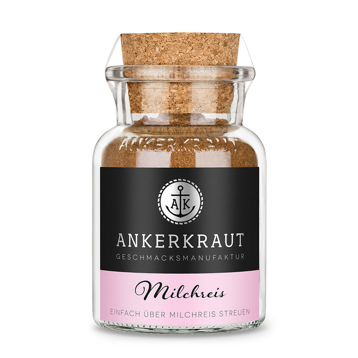 Milchreis Gewürz von Ankerkraut im Korkenglas auf weißem Hintergrund.