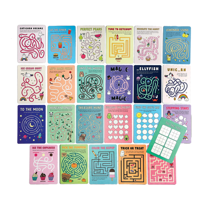 Layout of all activity cards from OOLY Mini Mazes Activity Cards