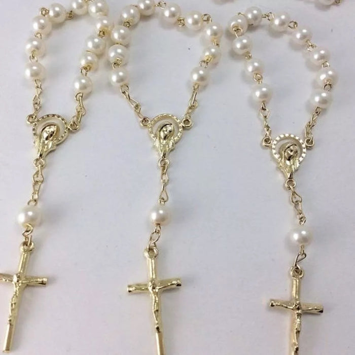 Mini Simulated Pearl and Silver Tone or Gold Tone Mini Rosary