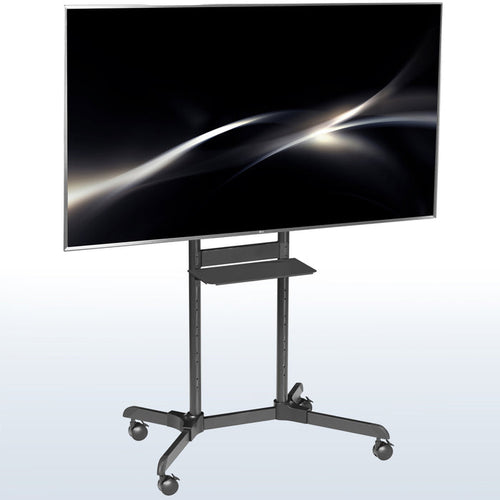 Mobile TV mount cart with media shelf and locking wheels. Stand features height adjustment, articulation, and a built-in cable management system.