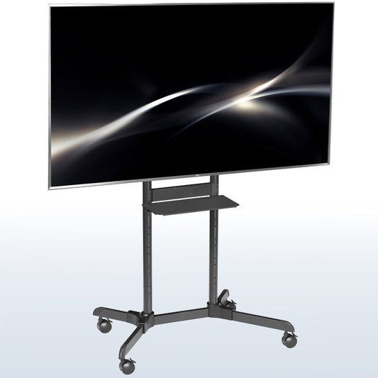 Mobile TV mount cart with media shelf and locking wheels. Stand features height adjustment, articulation, and a built-in cable management system.