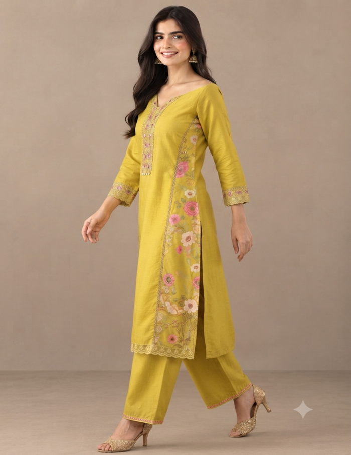 A woman modeling a yellow kurta set with floral embroidery and lace trim, paired with matching yellow pants, against a neutral beige studio background.