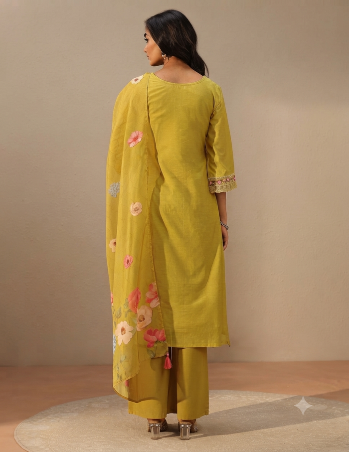 A woman modeling a mustard yellow three-piece traditional outfit, featuring a straight kurta with floral embroidery on the sleeves, matching trousers, and a coordinating dupatta with a floral print, shown from a rear three-quarter view against a neutral beige studio background.