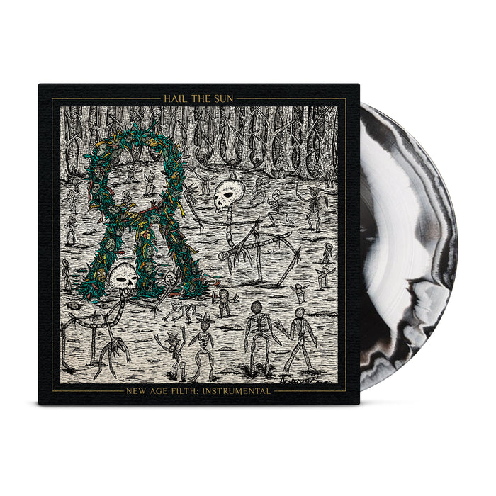 The image shows a black/white vinyl partially pulled from its sleeve. The sleeve features dark, intricate skeleton-like figures dancing around a structure, with the album title New Age Filth: Instrumental by Hail The Sun (Brand: Hail The Sun).
