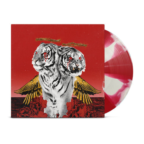 Square vinyl with a red background and a two headed white tiger with gold wings on the front of the vinyl cover. There are also red roses at the bottom of the cover, blood coming from both tiger’s eyes, and a crown of thorns above both of the tigers heads. There is a vinyl record that is sticking out of the vinyl cover that is the colors red and white.