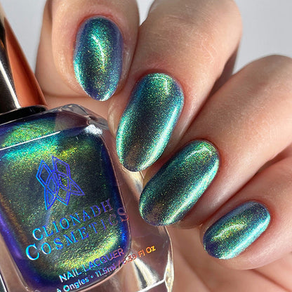 Close up of nails done with Niello nail lacquer on fair skin tone.